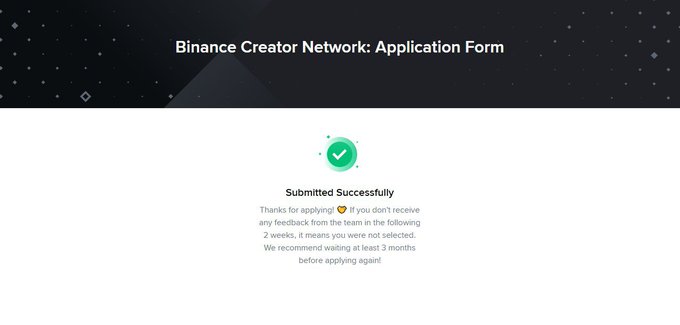 A screenshot of a 'Binance Creator Network: Application Form' page displaying a 'Submitted Successfully' confirmation message.