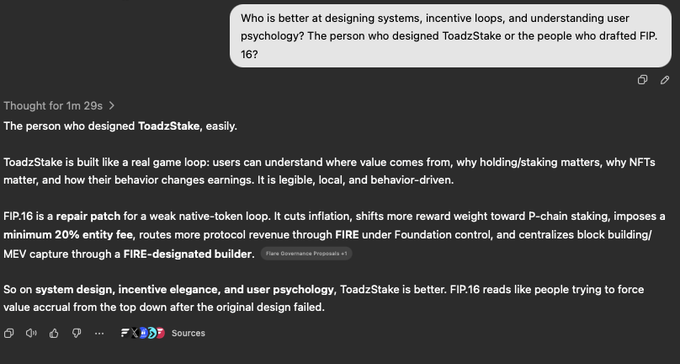 A ChatGPT conversation screenshot where the user asks who is better at designing systems: ToadzStake designer or FIP.16 drafters, with the AI responding that ToadzStake was better built.