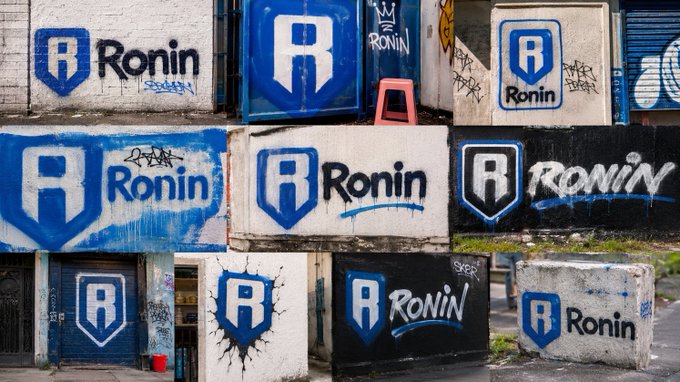 A collage of multiple graffiti and street art pieces featuring a blue shield logo with the letter 'R' alongside the word 'Ronin' sprayed on various urban surfaces.