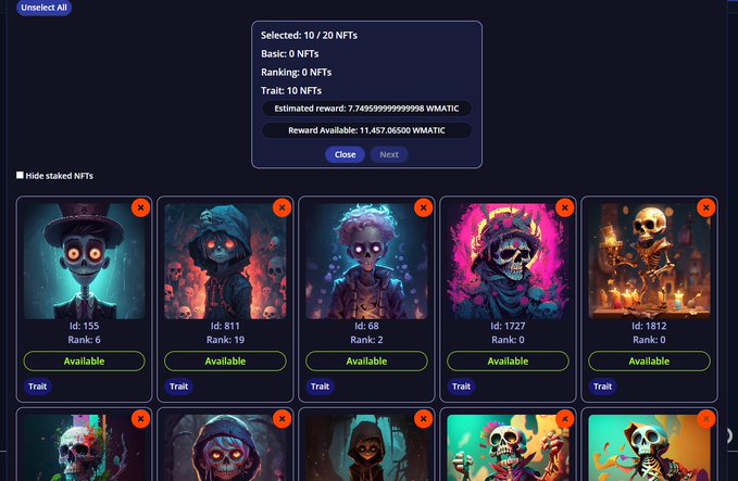 NFT selection screen showing 10/20 NFTs selected across various categories (Basic, Ranking, Trait) with estimated rewards of 11.457.0600 WMATIC.