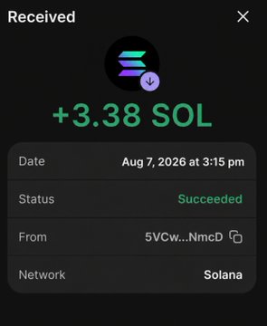 A cryptocurrency transaction confirmation screenshot showing a successful receipt of '+3.38 SOL' from '5VCw...NmcD' on the Solana network, dated Aug 7, 2026 at 3:15 pm.