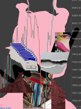 An abstract digital art collage with pink and blue tones, incorporating what appears to be a casino chip element and stock chart data on the right side.