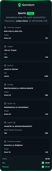 A Gamdom sports betting slip showing 8 picks (including Man Utd vs. Man City, Lille vs. Troyes, and Coventry vs. Brighton) placed under the codex "steve" with combined odds of 30.29 and a potential payout of $787.25. The image illustrates the user's active $57 giveaway bet slip on Gamdom, promoting their entry with the codex "steve."