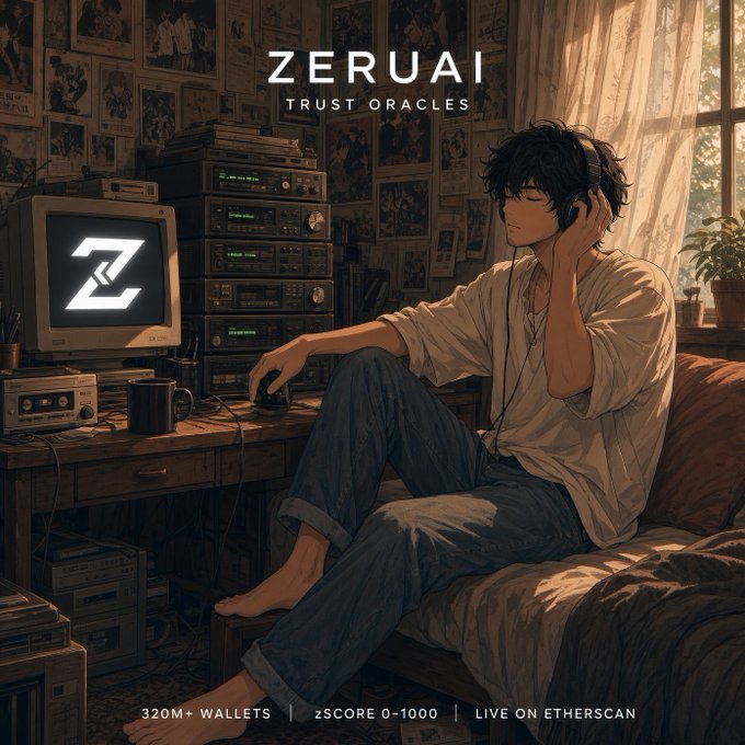 An anime-style illustration of a young man wearing headphones in a room with vintage electronics, labeled 'ZERUAI TRUST ORACLES' with stats '320M+ WALLETS', 'zSCORE 0-1000', and 'LIVE ON ETHERSCAN'.
