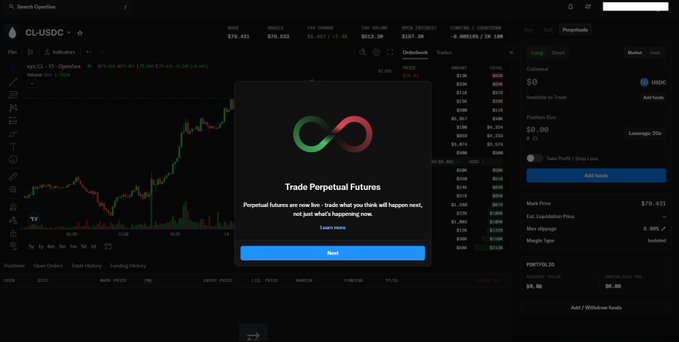 A promotional popup on OpenSea's "Trade Perpetual Futures" page displays a green-and-red infinity logo over a darkened chart of CL-USDC at $79.43, advertising that perpetual futures trading is now live on the platform.