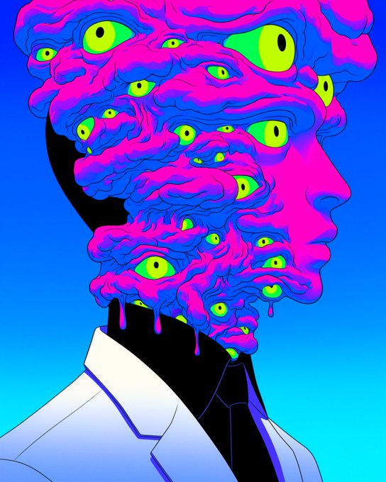 A vibrant psychedelic digital illustration of a person in a white shirt and black tie whose head is replaced by an explosion of pink and blue brain-like matter with multiple green eyes looking in various directions.