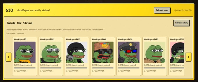 A screenshot of a web interface titled 'Inside the Shrine' showing 610 HoodPepes currently staked, displaying various Pepe-style NFT characters with staking information (e.g., HoodPepe #5, #261, #415, #448, #459, #473, #512) and their claimed Genesis percentages.