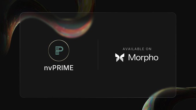 A dark promotional graphic displaying the 'nvPRIME' logo and logo on the left, and text reading 'AVAILABLE ON Morpho' with its butterfly-like logo on the right, framed by colorful fluid shapes.