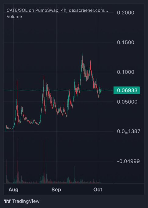 A TradingView chart displays the CATE/SOL pair on PumpSwap over 4-hour intervals from August to October, showing a price peak near $0.13 followed by a pullback to the current level of $0.06933. The post expresses buying confidence at these lower levels, suggesting the user views the recent dip as an accumulation opportunity following the prior rally.