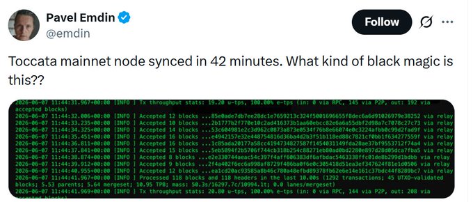 The image features a Twitter post written by a person named Pavel Emdin, who appears to be discussing the mainnet of the cryptocurrency Bitcoin. The post highlights that Toccata, the Bitcoin mainnet, has been successfully synced within 42 minutes. The conversation around this topic is about what kind of black magic (magic) is involved in this synchronization process.
