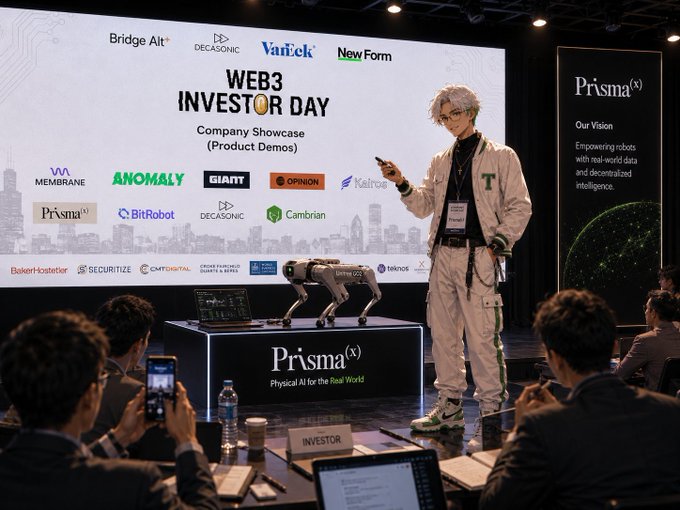 At the "Web3 Investor Day - Company Showcase (Product Demos)" event, a presenter showcases Prisma(x)'s Physical AI for the Real World alongside a robotic dog, with sponsor logos including Decasonic, MEMBRANE, Anomaly, BitRobot, Decasonic, Cambrian, BakerHostetler, Securitize, and Capital visible on the backdrop. The image visually reinforces the post's point by illustrating how investor events serve as platforms to demonstrate not just the robots themselves, but the underlying AI infrastructure and ecosystems that enable real-world learning and adaptation.