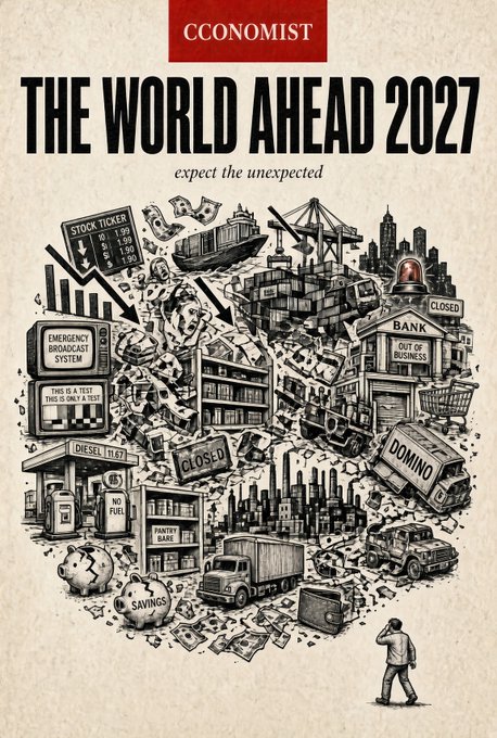 A poster for 'CCONOMIST THE WORLD AHEAD 2027' featuring a black-and-white illustration of economic chaos with falling arrows, 'CLOSED' signs, and a bankrupt cityscape.
