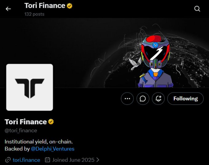 A Twitter/X profile page for "Tori Finance" (@tori_finance) showing 132 posts, with a description reading "Institutional yield, on-chain. Backed by @Delphi Ventures" and a link to tori.finance, joined June 2025.