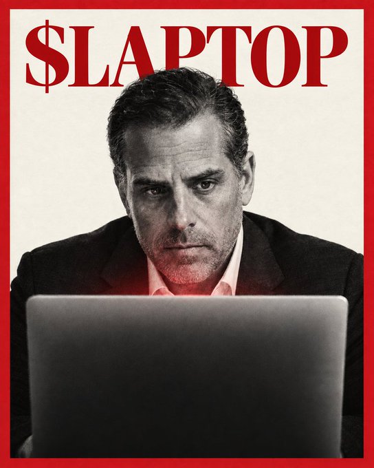 A movie poster titled '$LAPTOP' in large red text, featuring a serious-looking man in a dark suit staring intensely over an open laptop against a red-bordered background.