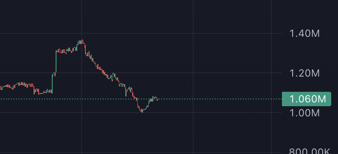 A cryptocurrency price chart showing a sharp rally to ~1.40M followed by a steep crash back down to 1.060M, humorously illustrating the poster's experience of buying into a coin just before a brutal market-wide selloff.