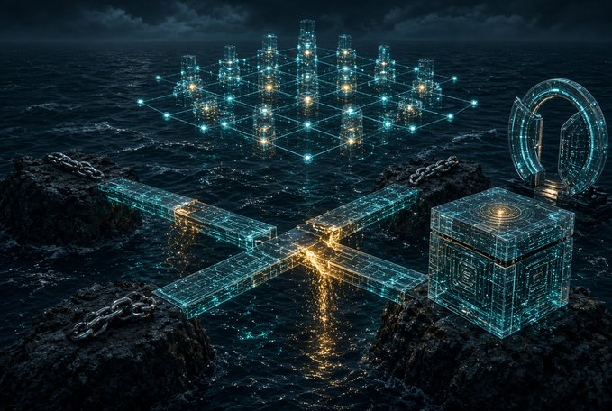 A futuristic digital art piece showing a glowing cyan cross-shaped structure, a cube with a padlock, and a network grid of illuminated nodes hovering over dark ocean waves.