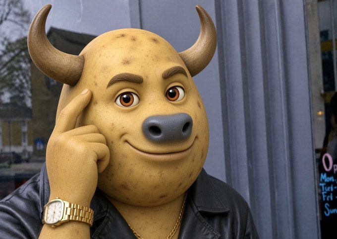 A 3D-rendered anthropomorphic potato character with bull horns and a confident smirk poses with his hand to his temple, wearing a black leather jacket and a gold watch, embodying the "Potato Bull" meme coin mascot ready to forecast millionaire gains in the upcoming bull run.