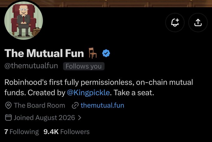 A social media profile page for 'The Mutual Fun' (@themutualfun) describes itself as 'Robinhood's first fully permissionless, on-chain mutual funds. Created by @Kingpickle.' with 9.4K followers and a join date of August 2026.