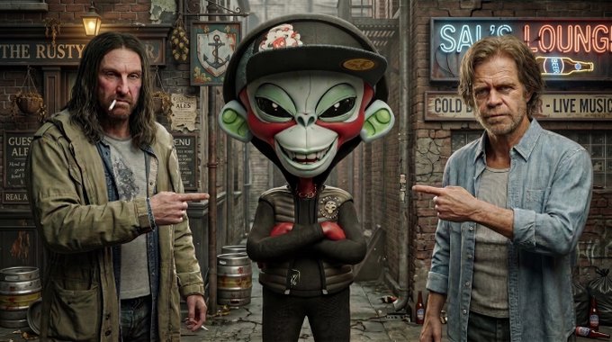 A digital artwork showing two weathered men pointing at a smug, cartoonish monkey mascot dressed in a hoodie and cap, standing in a gritty alleyway with a 'Saloon Lounge' and 'The Rusty [Bar]' in the background.