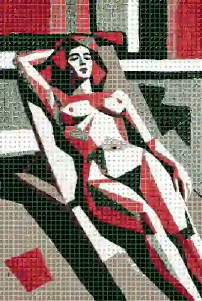 A mosaic artwork depicting a reclining woman in red and white tones with abstract geometric background elements.