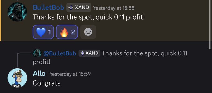 A screenshot of a Discord chat where user 'BulletBob' posts 'Thanks for the spot, quick 0.11 profit!' and user 'Allo' replies 'Conrgrs'.