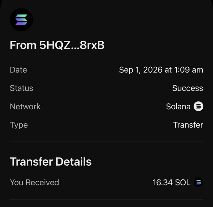 A screenshot of a successful Solana transfer showing a receipt of 16.34 SOL from wallet address "5HQZ...8rxB" on September 1, 2026, directly illustrating the scenario of an accidental 16 SOL transfer referenced in the post.