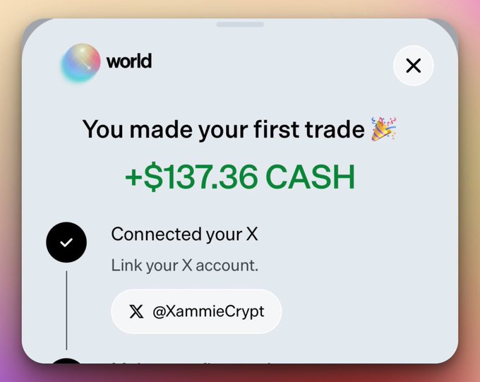 A popup notification from "world" celebrates a first trade with **+$137.36 CASH**, showing a completed step to connect an X account (@XammieCrypt). It ties to the post's instructions, which detail a strategy using a VPN set to the Philippines, depositing $3 USDC on Solana, and trading "yes" on Barcelona to secure the profit now pending withdrawal.