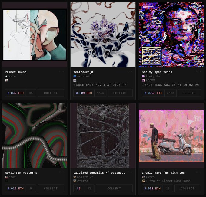 A grid of six digital art NFTs with titles like 'Primer sueño', 'tenthacks_0', and 'Rewritten Patterns' along with their ETH prices and 'COLLECT' buttons.