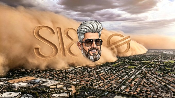 A digital illustration depicts a sandstorm sweeping over a suburban cityscape, with the text "Sl8" emblazoned in the dust beside a stylized avatar of a bearded man wearing sunglasses, visually symbolizing the post's claim that Sl8 Social on the Stellar blockchain ($XLM) represents an unstoppable force poised to disrupt traditional social media.