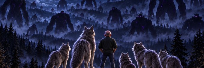 A lone figure stands surrounded by a pack of wolves on a forested hillside, gazing out at a vast landscape filled with ominous giants looming through the mist. The scene captures the rugged, wolf-themed spirit of the Solana token $SWOLF banner, emphasizing strength, pack unity, and a looming challenge.