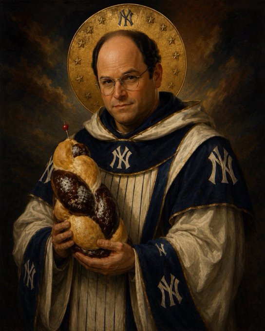 A balding, bespectacled man is depicted in a Baroque-style religious painting, dressed in a robe adorned with the iconic New York Yankees "NY" logo, holding a large braided pastry (likely a chocolate babka) and wearing a halo featuring the Yankees emblem. The artwork parodies classical saint iconography, blending sacred art tropes with baseball and New York deli culture — fitting for a thread offering one-of-one collectible "Schmains" in exchange for other pieces.