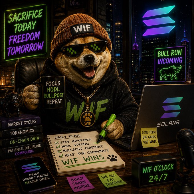 An AI-generated meme of a dog wearing pixel sunglasses and a 'WIF' beanie holding a coffee mug labeled 'FOCUS HODL BULLPOST REPEAT', with a notebook reading 'DAILY PLAN: STAY INFORMED, HODL STRONG, BULLPOST CONTENT, HELP THE COMMUNITY - WIF WINS', and neon signs stating 'SACRIFICE TODAY FREEDOM TOMORROW' and 'BULL RUN INCOMING' alongside the Solana logo.