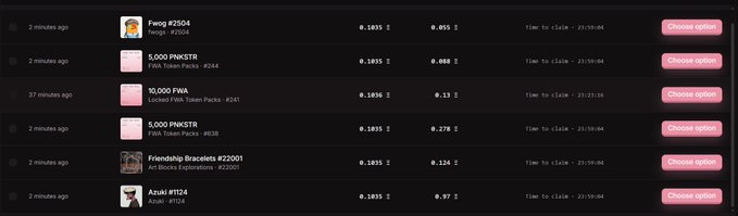A dark-themed NFT marketplace interface showing listings including 'Fwog #2504', 'PINK Token', 'PWA', 'Friendship Bracelets', and 'Anubi #1124' with their prices.