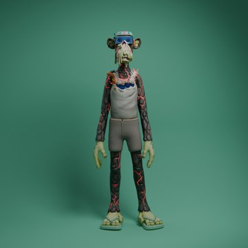 A 3D render of a character with a giraffe-like head, wearing a blue bandana, blue cap, a light blue crop top, and dark pants with red patterns, standing against a solid teal background.