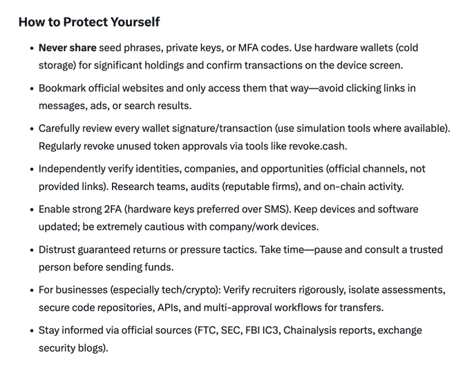 A "How to Protect Yourself" infographic listing eight crypto security best practices—including safeguarding seed phrases and private keys, using hardware wallets, enabling strong 2FA, verifying identities independently, and regularly revoking unused token approvals—directly supporting the post's message that protecting your wealth in crypto requires vigilant personal security habits and trusted information sources like the FTC, SEC, FBI IC3, and Chainalysis.