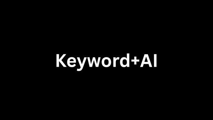 The image shows a minimalist black screen displaying the text "**Keyword+AI**" in bold white font, centered on the page. This relates to the post about SodioAI.COM, as the keyword being marketed appears to be "Keyword+AI," highlighting the domain's branding around AI-focused keyword opportunities.