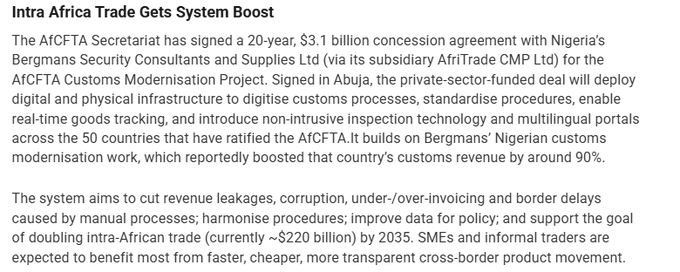 Article excerpt titled 'Intra Africa Trade Gets System Boost' about the AfCFTA Secretariat signing a 20-year, $3.1 billion concession with Nigeria's Bermans Security Consultants for the AfCFTA Customs Modernisation Project via AfriTrade CMP Ltd in Abuja.