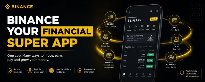 A Binance ad promotes its "Financial Super App" featuring a phone interface displaying a $8,963.25 crypto balance, with icons surrounding it for Trade, Earn, Wallet, Pay, P2P, and Academy functions, illustrating the post's message about consolidating banking, payments, investing, and crypto into a single app.
