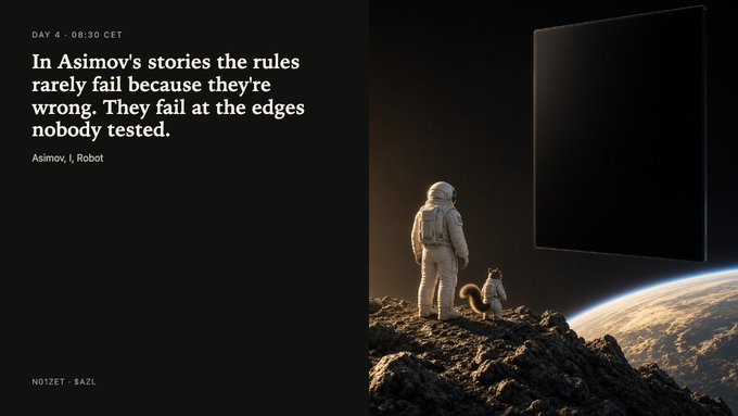 A dark graphic featuring an astronaut and a dog looking at Earth and a dark monolith, accompanied by the text: 'In Asimov's stories the rules rarely fail because they're wrong. They fail at the edges nobody tested. - Asimov, I, Robot' and 'NOIZET • GAZL'.