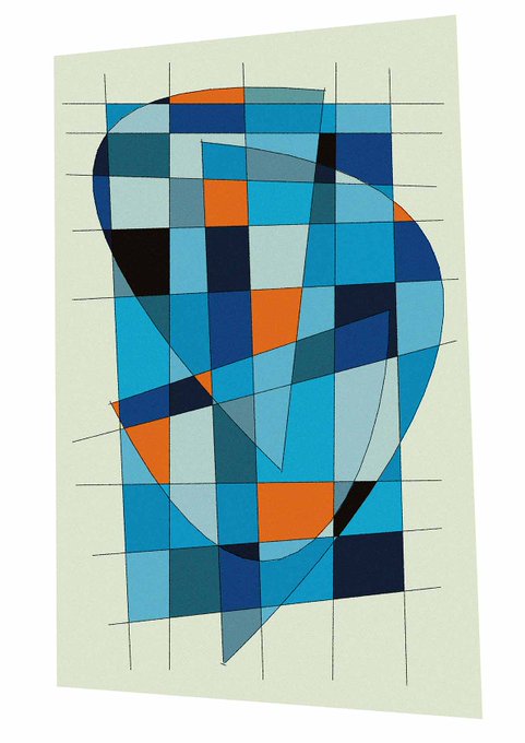 An abstract geometric artwork featuring a grid pattern with blue, orange, and black squares overlaid with curving translucent shapes on a pale green background.