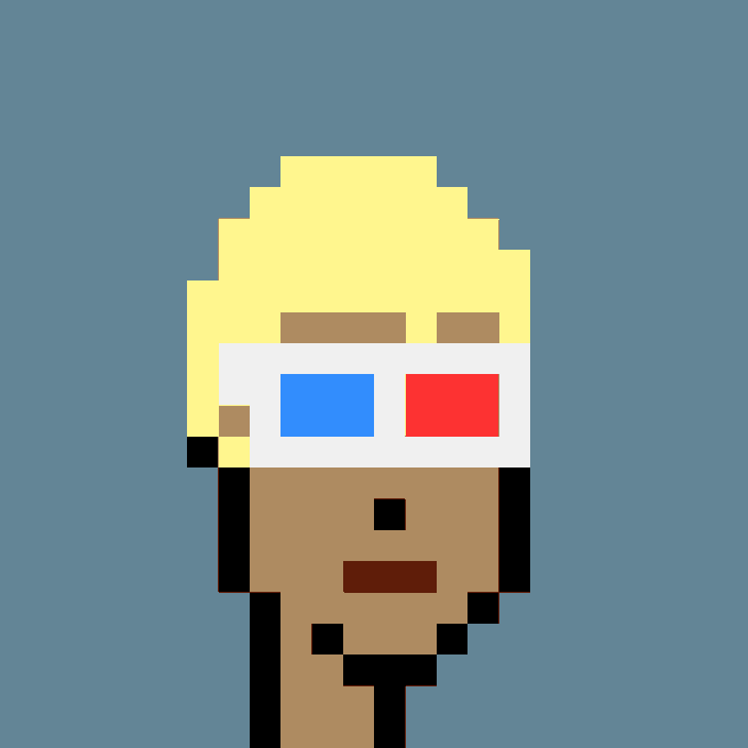 A pixel art portrait of a punk character with a yellow beanie, brown skin, and red-blue 3D glasses, representing CryptoPunk #5361 which was purchased for 55 ETH ($93,608 USD) by wallet 0x479a...e3fc from 0xe186...8829.