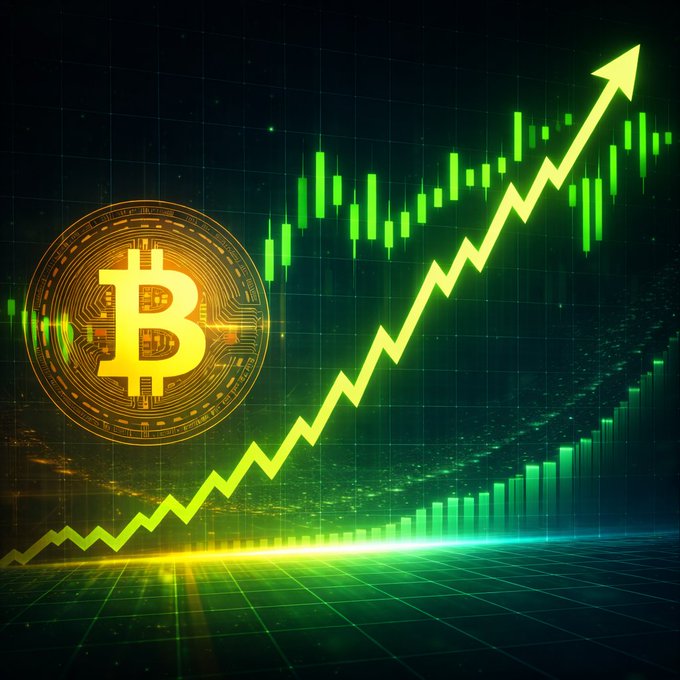 The image shows a glowing golden Bitcoin coin alongside a sharp green upward-trending chart with an arrow, visually representing the bullish prediction that Bitcoin has a 56% chance of pumping to $67,500 this month according to Polymarket.