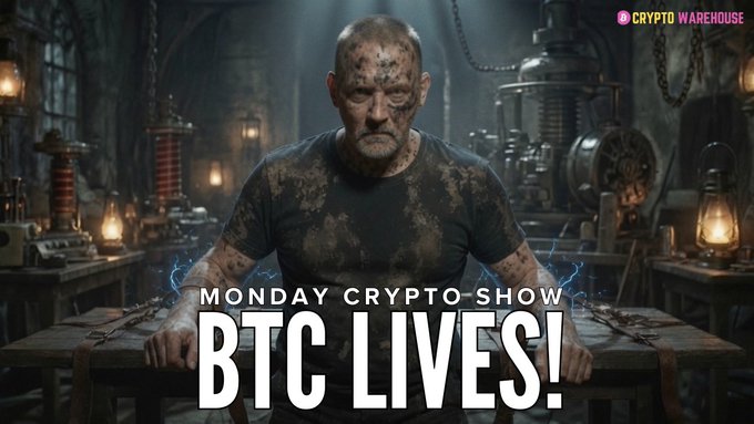 The image features a man with tattoos sitting at a table, wearing a black shirt. The text "MONDAY CRYPT TO SHOW BTC LIVES!" is displayed above him, indicating that this is an advertisement for Bitcoin trading or cryptocurrency-related content.