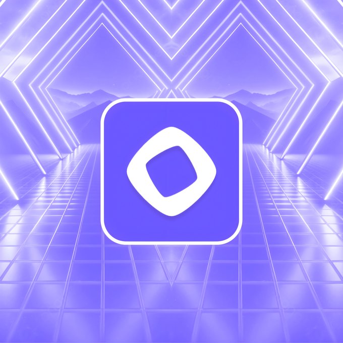 A purple app icon featuring a white stylized play button sits on a geometric, neon-lit purple background with mountain silhouettes in the distance.