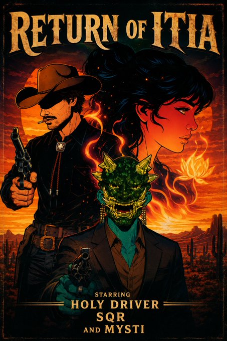 Western/fantasy movie poster titled 'Return of Itila' starring Holy Driver, SQR, and Mysti, featuring a cowboy, a woman, and a green dragon-like creature against a fiery desert sunset.
