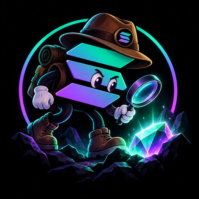 A cartoonish explorer character resembling the Solana logo (SOL) is depicted as an adventurer wearing a brown hat, holding a magnifying glass and examining a glowing purple gem, suggesting a quest to uncover value. The image visually reinforces the post's theme of investigating whether the Solana ticker is undervalued, portraying SOL as a treasure being discovered.