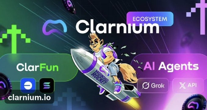 The image features an advertisement for a new cryptocurrency called Clarnium. The advertisement includes a cartoon character riding a rocket ship with the text "CLARium" written above him, as well as other text related to the cryptocurrency. The background of the advertisement is dark purple and green, creating a futuristic atmosphere. The post mentions that the next stage of DeFi's development will focus on real benefits, automation, and strong communities, which are built into the platform called Clarnium.io.