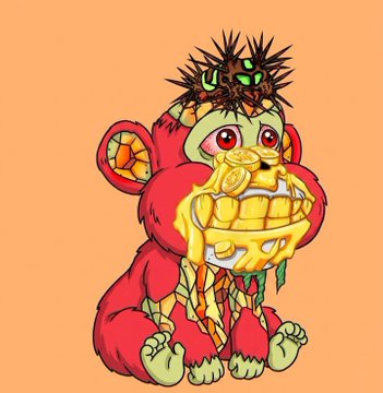 A colorful cartoon illustration on an orange background shows a red bear-like creature with a turtle shell on its belly, topped with a small spiky brown character with green eyes.