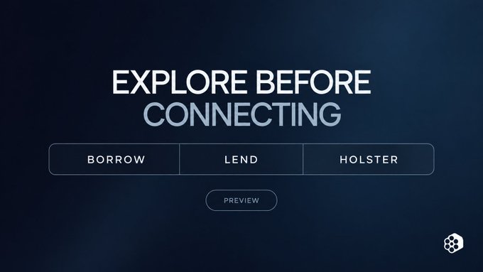 Promotional graphic with the text 'EXPLORE BEFORE CONNECTING' and options for BORROW, LEND, and HOLSTER, with a PREVIEW button below.