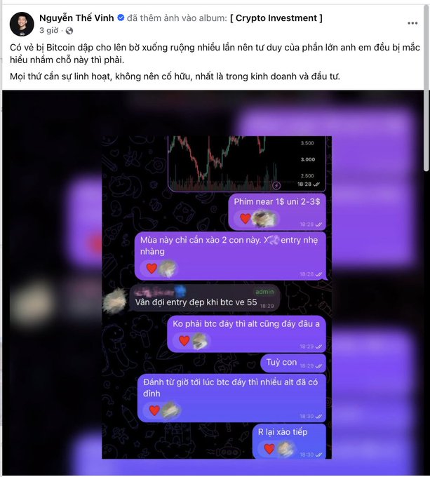 A Vietnamese-language Facebook post by 'Nguyễn Thế Vinh' about Bitcoin investment, sharing a chat screenshot with cryptocurrency trading signals and messages in Vietnamese.